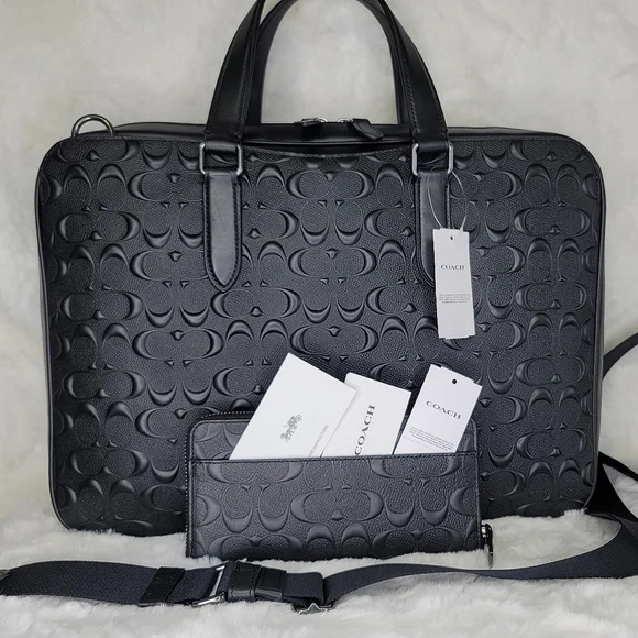 😘 NWT Coach 2 SET Laptop Bag Briefcase Wallet Designer Signature Embossed - Picture 7 of 14